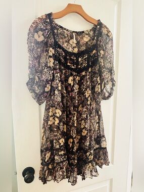 Free People Sheer Bohemian Floral Black and Cream Peasant Top/Mini - M